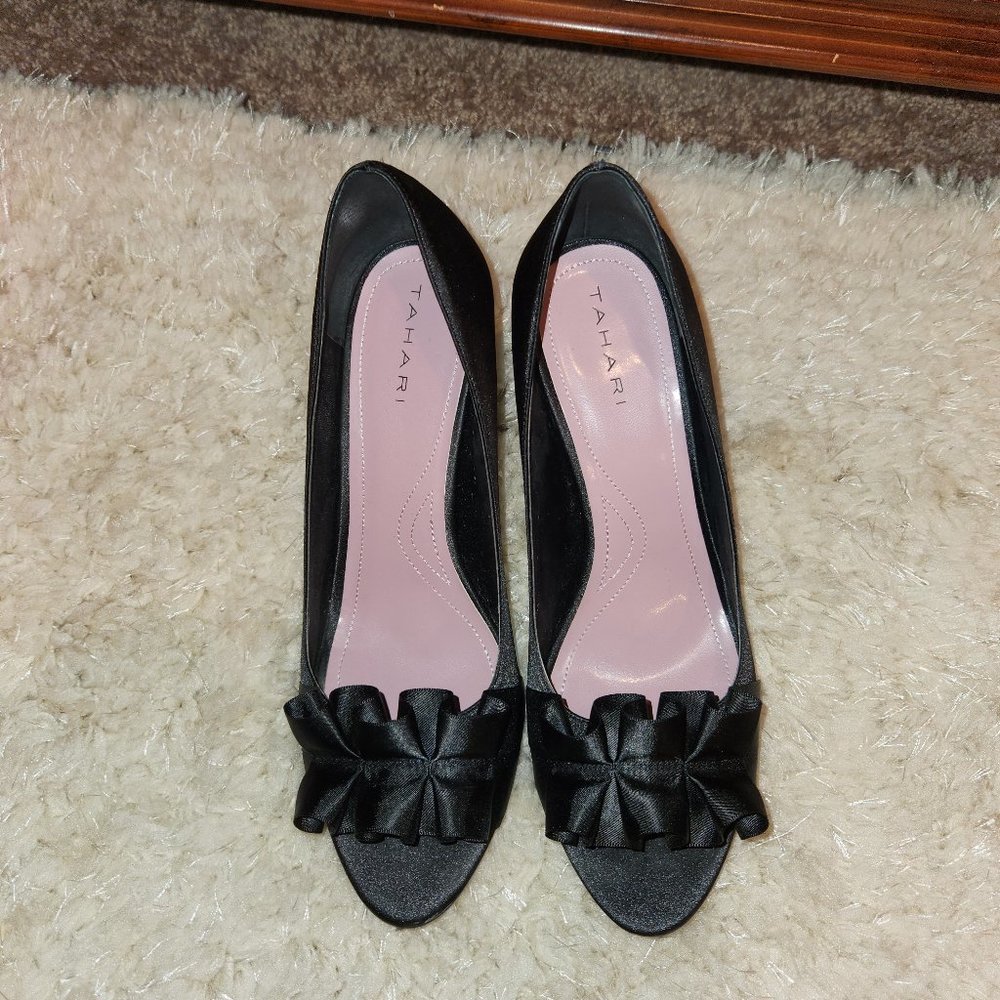 Tahari Sloan Satin Ruffle Black Peep Toe Pumps